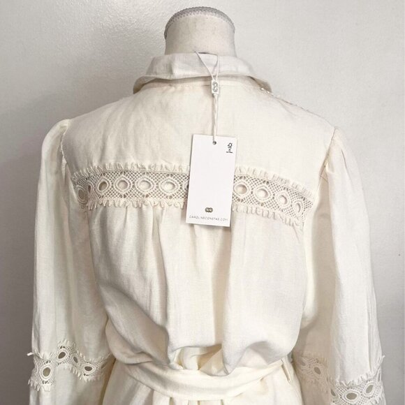 NWT CAROLINE CONSTAS IVORY WHITE LINEN BLEND EMBROIDERED BELTED MAXI SHIRT DRESS - Picture 6 of 13